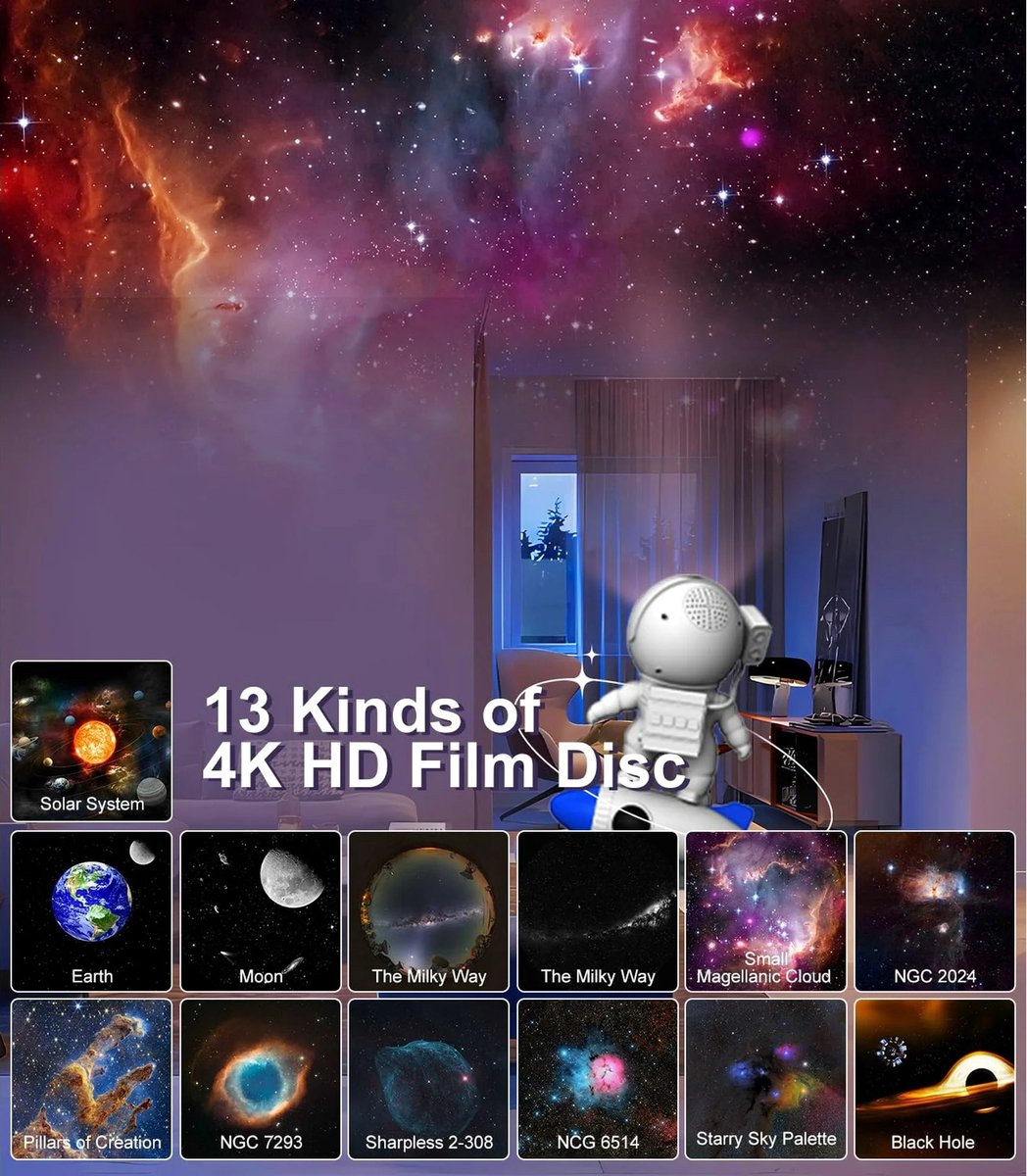 Graboo® Galaxy Projector Astronaut – Sterrenhemel Lamp – 13-in-1 – Met Timer – 13 films – 360° verstelbaar – USB-C – foto 4