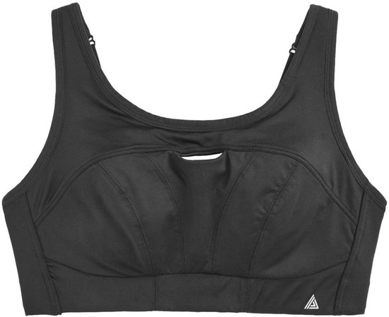 Zwarte sportbeha met ademende stof en een klein driehoekig logo op de zijkant.