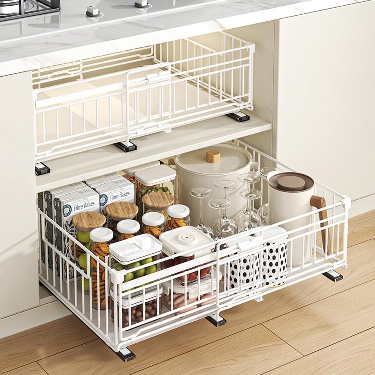 2-set - Keukenlade – Schuiflades - Uitschuifbare Keukenkast Organizer - Zelfklevend (Zonder Boren) - Verstelbare Breedte (32.5 tot 50 cm) - Uittrekbare Lade voor Keuken & Voorraadkast