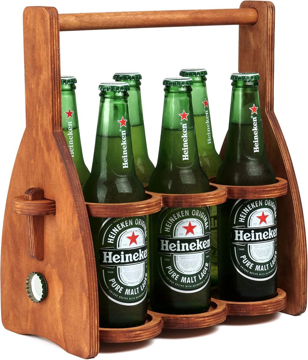 Opvouwbare houten zes-pack bierdrager met flesopener en dopvanger