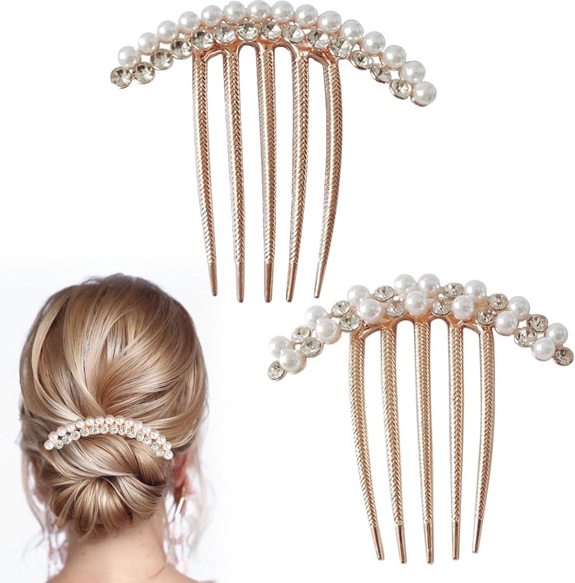 2x Luxe Strass Parel Haarspeld Kam Bruiloft Haaraccessoire voor Vrouwen en Meisjes