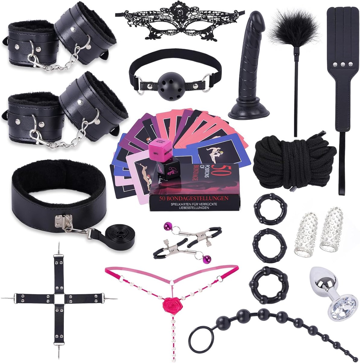 BDSM Set 25-Delig – Handboeien, Voetboeien, Zweep, Tepelklemmen, Knevel, Anale Plug & Oogmasker | Complete Bondage Set voor Koppels | Beginners & Gevorderden | Discreet Verpakt