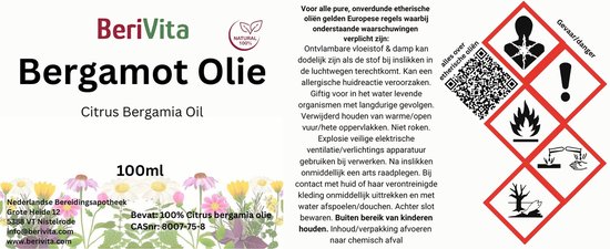 Label van BeriVita Bergamot Olie 100ml, met waarschuwingssymbolen en ingrediëntenlijst.