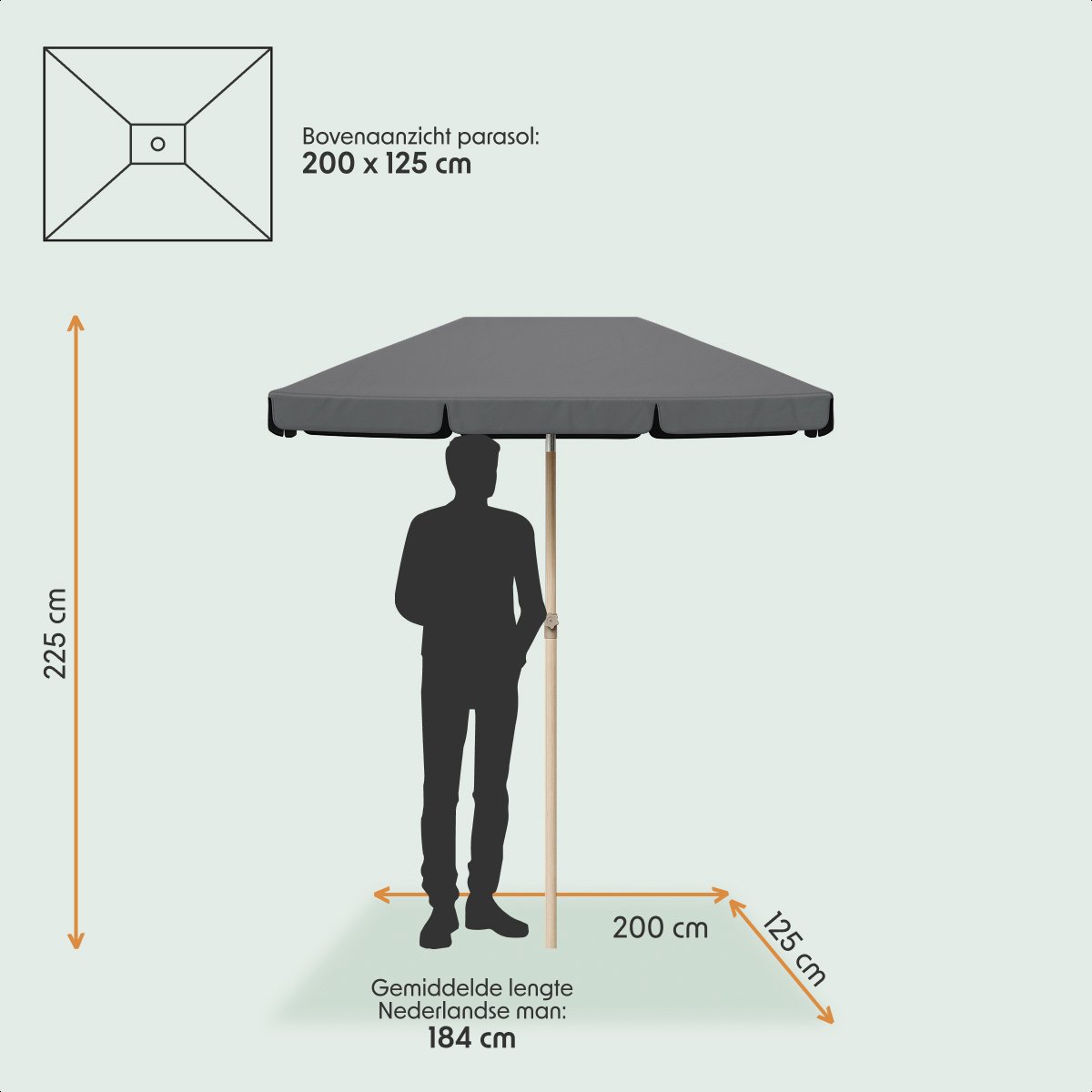 LifeGoods Parasol - Tuin - Balkonparasol - 200x125cm - 30° Kantelbaar - Waterdicht - UPF50+ - Houtkleurige coating - Donkergrijs thumbnail 3
