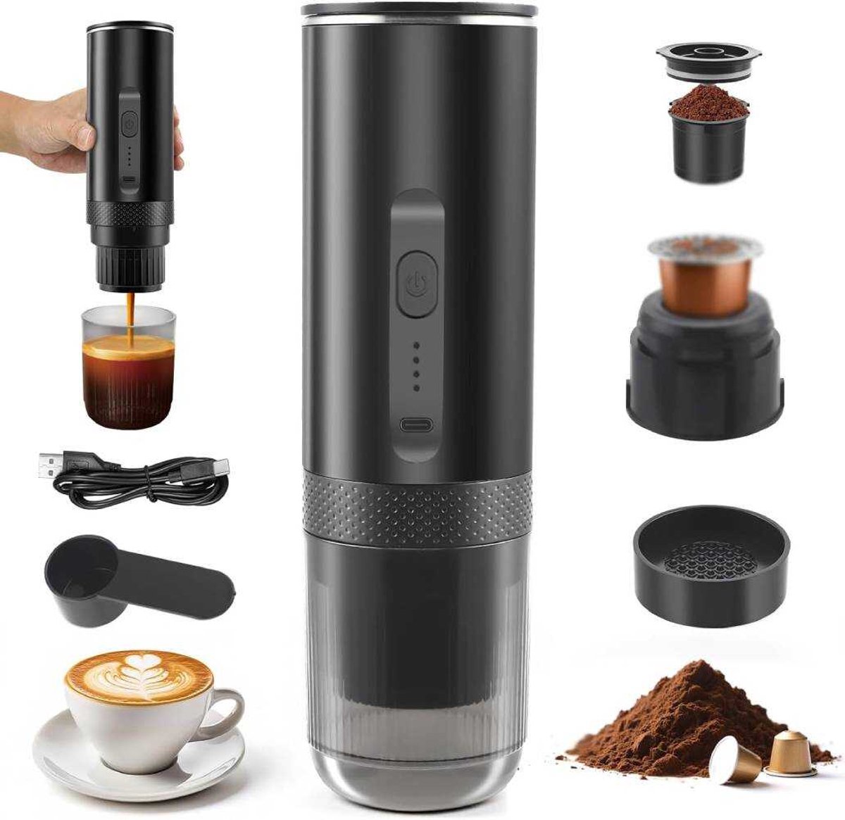 Draagbare koffiecapsules, mini-espressomachine (20 bar pompdruk), kleine reiskoffiemachine (met batterij), Geschikt voor thuis, in de auto en tijdens kamperen.