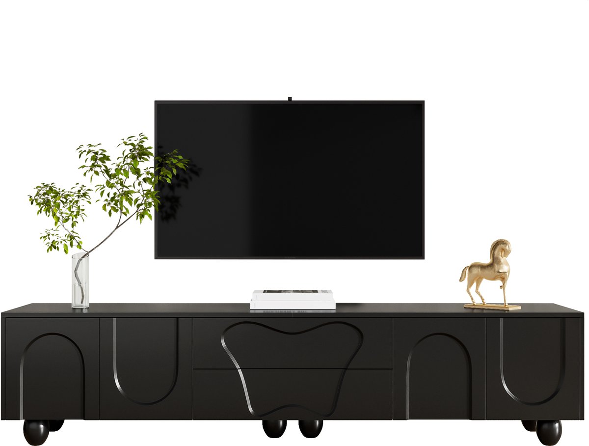 Clruro TV-Meubel - 180 cm - Lowboard met Houten Poten en Opbergruimte - MDF - Zwart