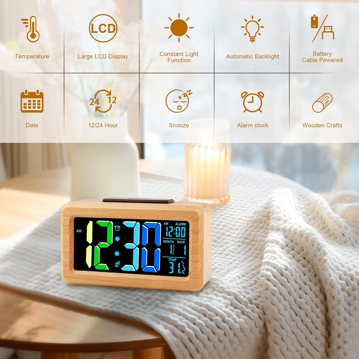 Digitale Wekker Hout met Groot LED Display, Helderheidsensor & Snooze - Stijlvol voor Slaapkamer