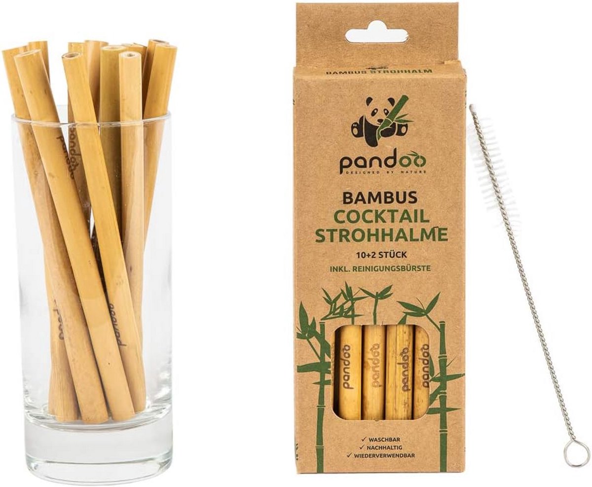Set van 12 Herbruikbare Cocktailrietjes van Bamboe met Reinigingsborstel