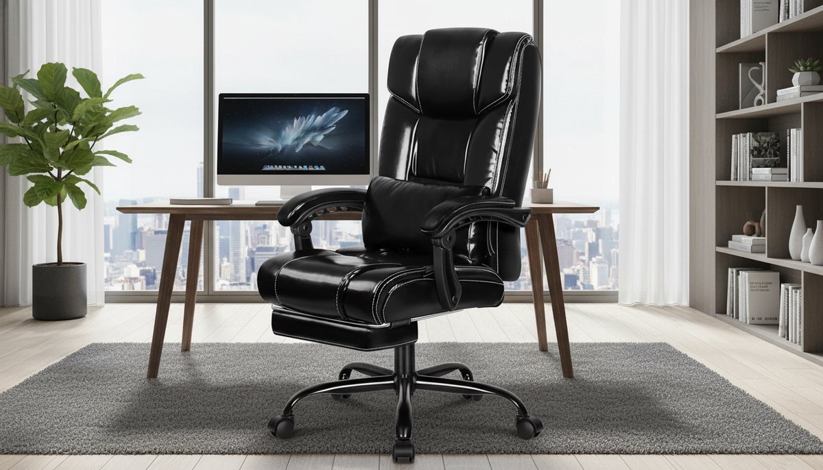 Ergonomische Bureaustoel Casa Velluto Luxor – Hoge Rug, Verstelbare Lendensteun, PU-Leder Draaistoel met Voetsteun, Glanzend Zwart, Comfortabel voor Thuis en Kantoor, 180 kg Belastbaar
