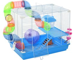 Killogood Hamsterkooi met 2 verdiepingen - drinkfles - uitneembaar opvangbakje - tunnel en loopwiel voor hamsters - 46 x 30 x 37 cm - blauw-wit