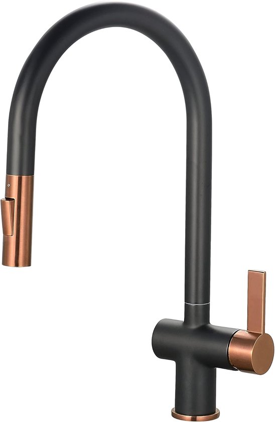 Zwarte keukenkraan met gebogen uitloop en rosé gouden accenten op de hendel en sproeikop.