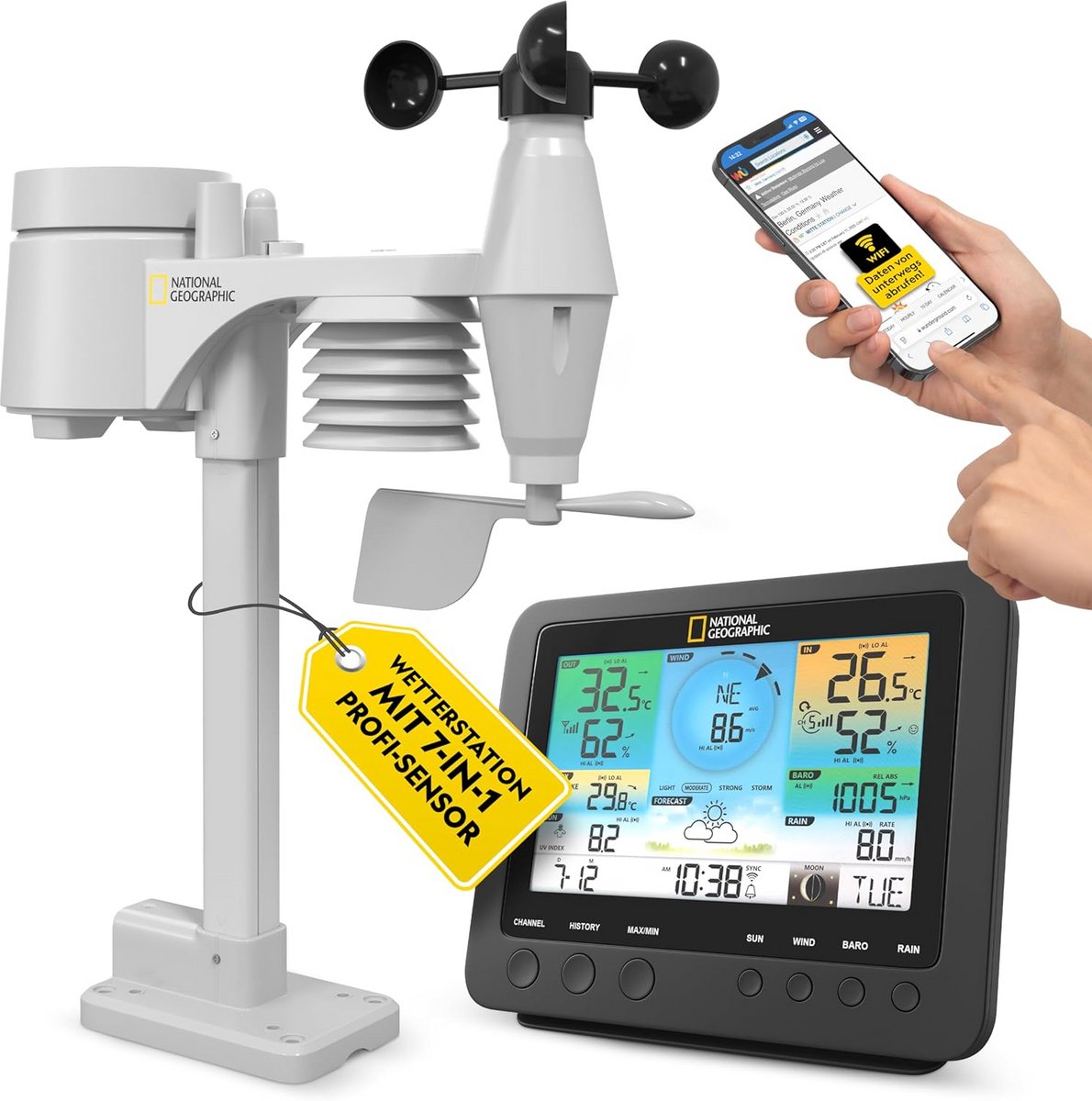 Professioneel Draadloos Weerstation met Wifi en 7-in-1 Buitensensor