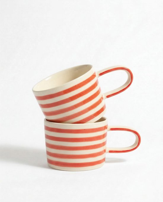 vtwonen - Tasses - Rouge - Rayures - Set de 2 - Céramique - 350ml