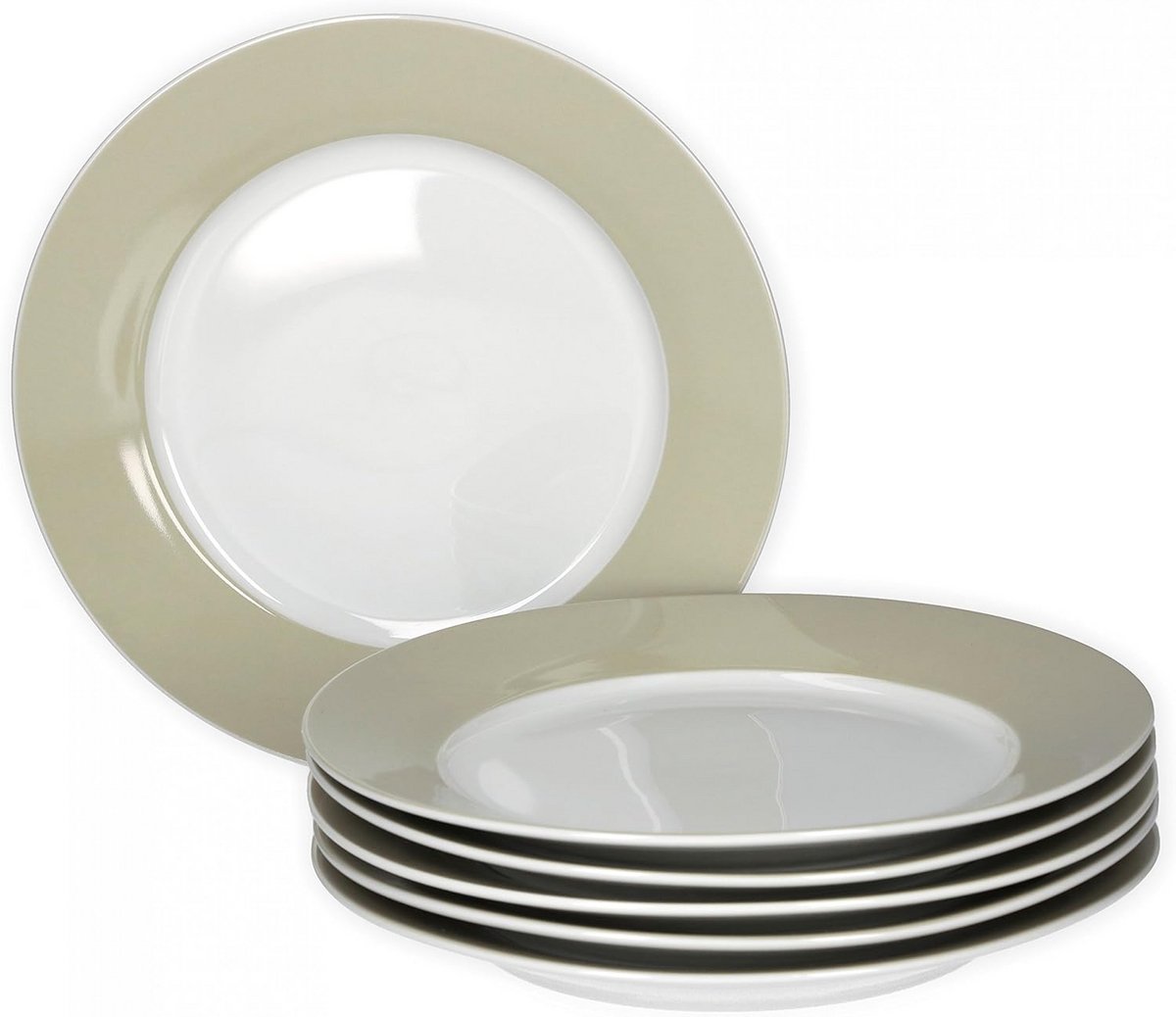 Set van 6 Porseleinen Ontbijtborden (20 cm) - Wit met Beige Rand - Magnetronbestendig