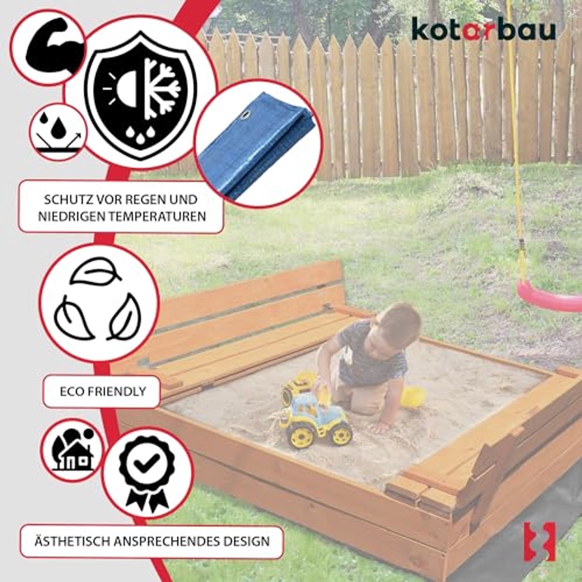 KOTARBAU® Houten Zandbak, 120 x 120 cm, Bruin, Zandbak met Deksel, en Bankjes, Met Grondzeil, Geïmpregneerd, Buitenspeelgoed — afbeelding 5