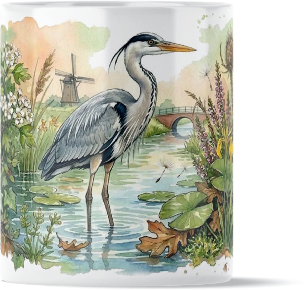 Blauwe Reiger in Waterlandschap met Molen "Aquarel Series" Koffiemok Theemok Natuurprint Hollands Landschap Vogel Cadeau voor haar: Vrouw, Vriendin of Collega Ideaal voor Thuis en op Kantoor Uniek Verjaardagscadeau Dierenliefhebber