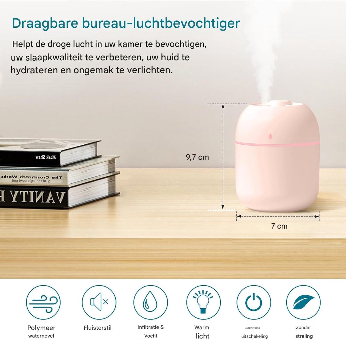 TENZHVXI - Luchtbevochtiger - Nachtlampje - Draagbare En Compacte Ontwerp Met Continu En Intermitterend Mistmodus - 1 Stuk - Voor Slaapkamer, Kantoor, Auto En Planten - Roze — cadeau in Wonen & Interieur - foto 8