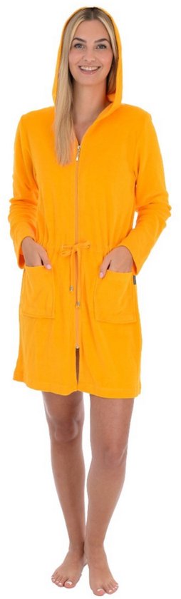 Rits badjas sauna - dunne dames badjas - dames badjas met ritssluiting - kort model met capuchon - sauna - lichtgewicht - okergeel - maat XL