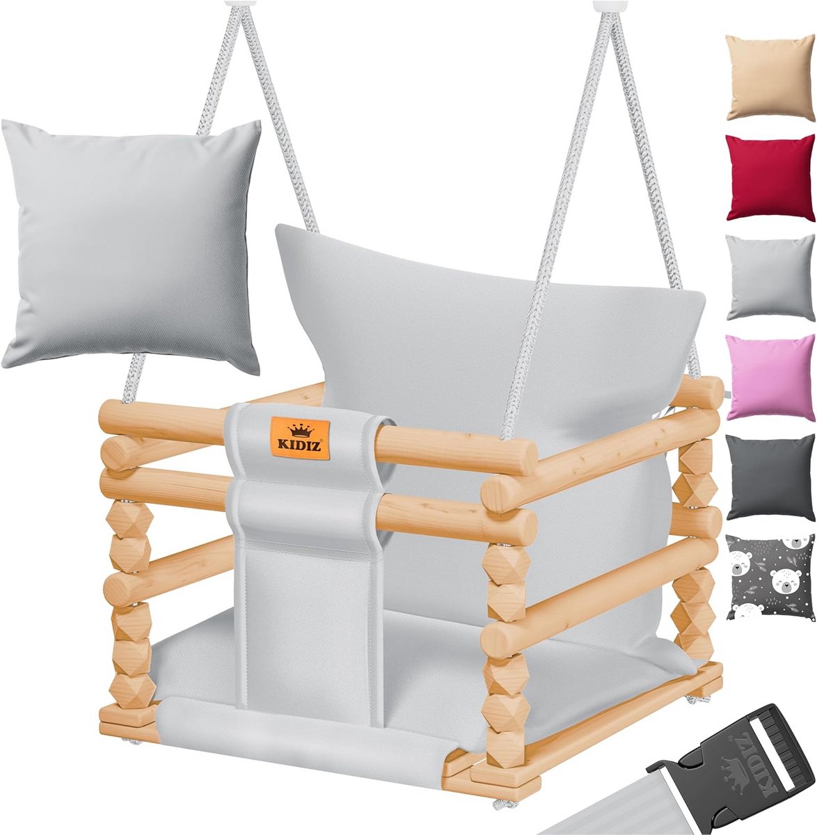 Houten Babyschommel voor Binnen en Buiten - Verstelbaar Zitje en Bekleding - Geschikt voor Baby's en Peuters (6 maanden tot 3 jaar)