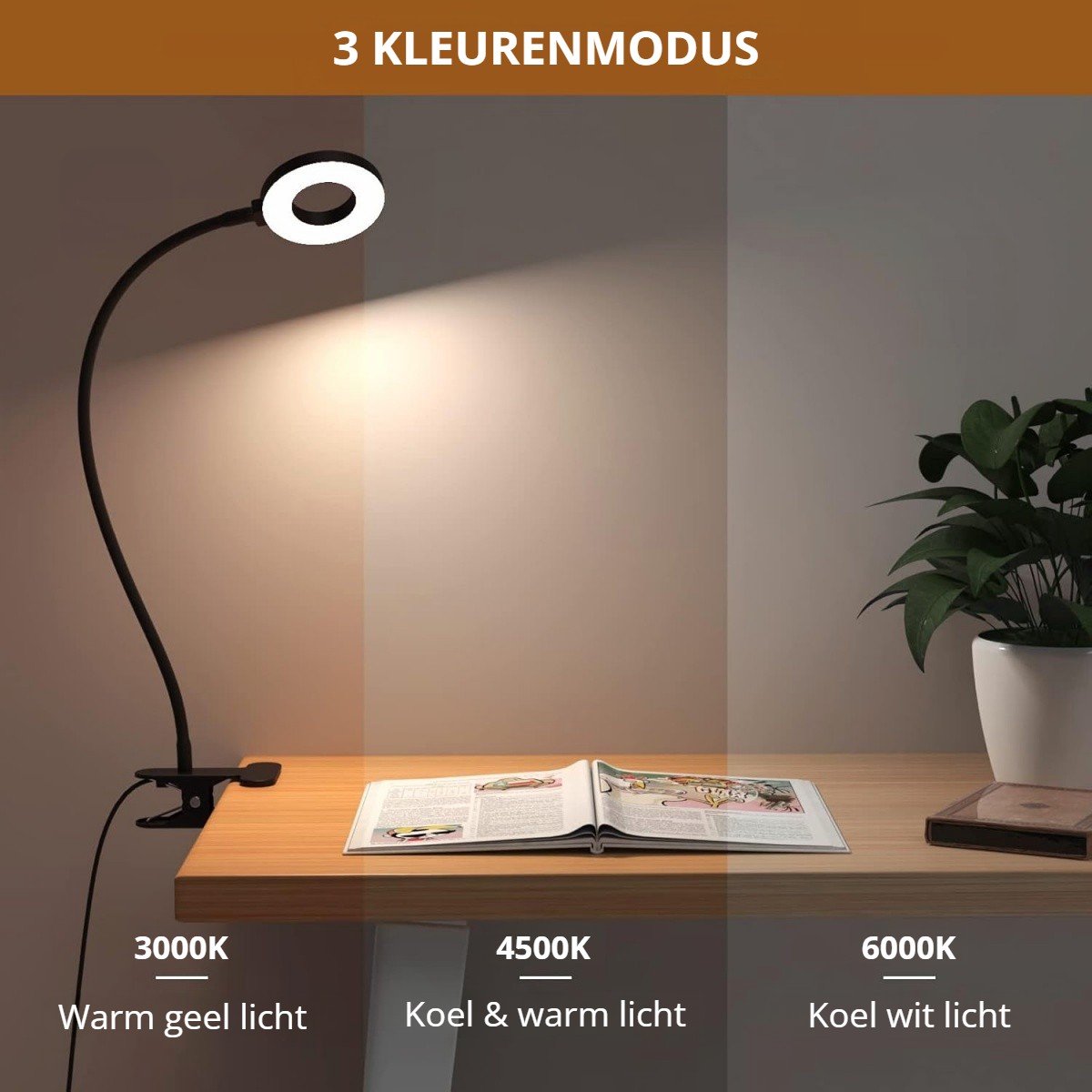 Transnect - Bureaulamp LED Dimbaar- met Klem - Filtert Blauw Licht - Bevordert Slaap - 10 helderheidsmodi - 3 kleurmodi thumbnail 2