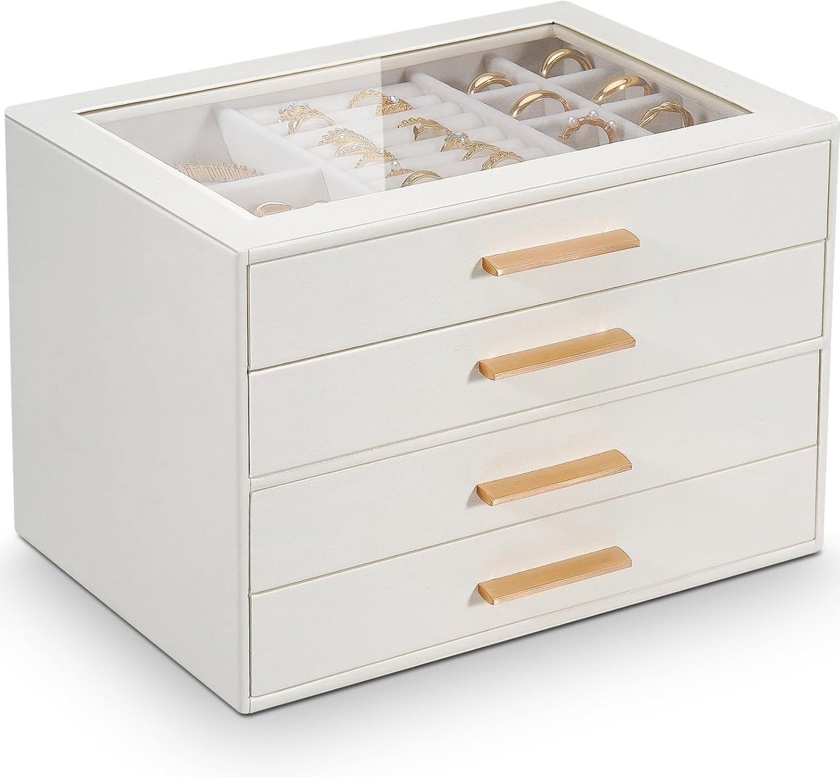 Grote Sieradendoos met 4 Laden en Glazen Deksel - Sieraden Organizer voor Kettingen, Ringen en Oorbellen