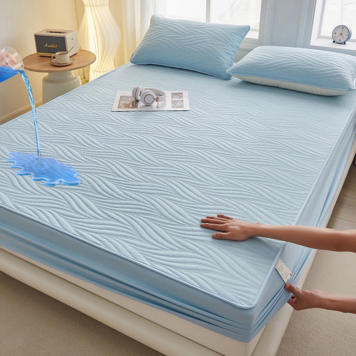 Matrashoes + 2 kussenslopen, TPU-laag voor waterdicht en ademend gebruik, geschikt voor matrassen tot 28 cm dik,Wolken—Lichtblauw,180*200cm+kussensloop 48*74cm
