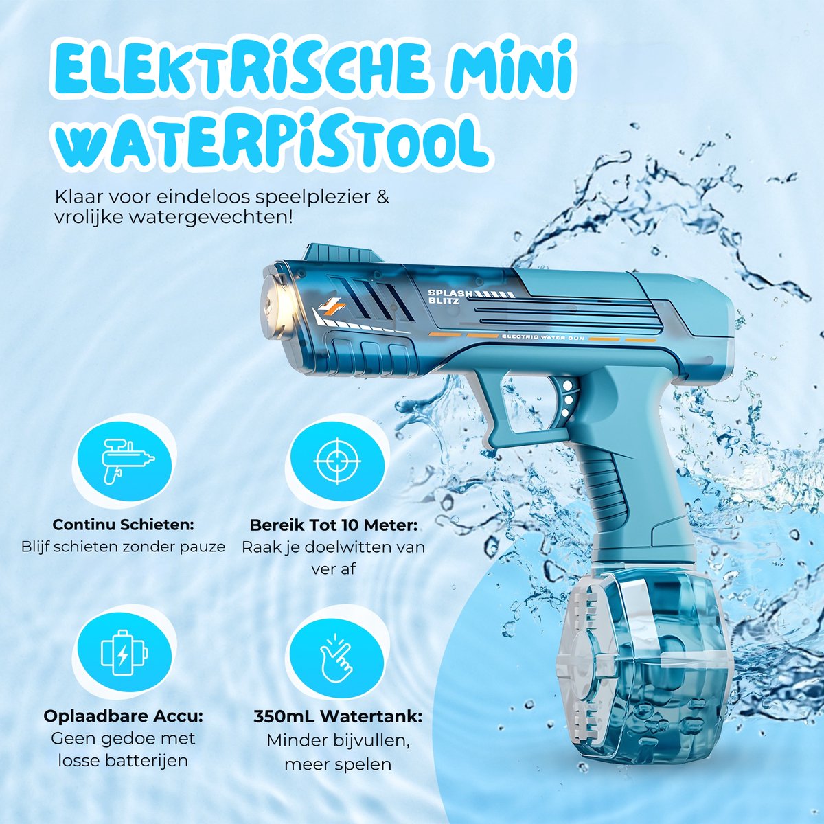 Pumpify Elektrisch Waterpistool – Buitenspeelgoed – Super Soaker – Waterspeelgoed – Met Flits Bij Ieder Schot - Automatisch Waterpistool – Watergeweer – Speelgoed – 4 Jaar – 5 Jaar – 6 jaar – 7 jaar – 8 jaar – Glock – Waterblaster – Blauw Mini — afbeelding 5