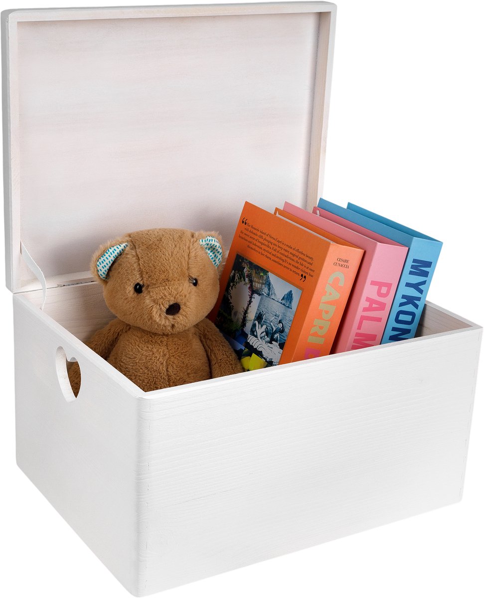 Creative Deco Witte houten kist met deksel | 40x30x24 cm (+/-1cm) | Herinneringsdoos Baby Grote houten kist | Hartvormige handvatten | Voor documenten Kerstmis Speelgoed Gereedschap