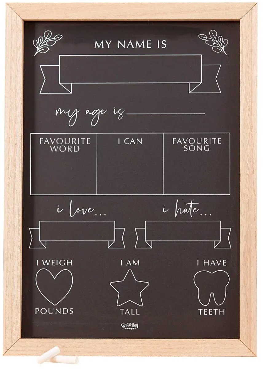 Baby Milestone Krijtbord met Houten Frame – Baby Mijlpaal Bord voor Foto’s – Baby Ontwikkeling Bord – Inclusief 3 Krijtjes – Kraamcadeau