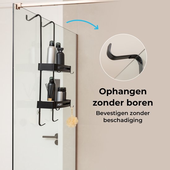 Zwart 2-laags doucherek hangend aan een glazen douchewand, zonder boren bevestigd.
