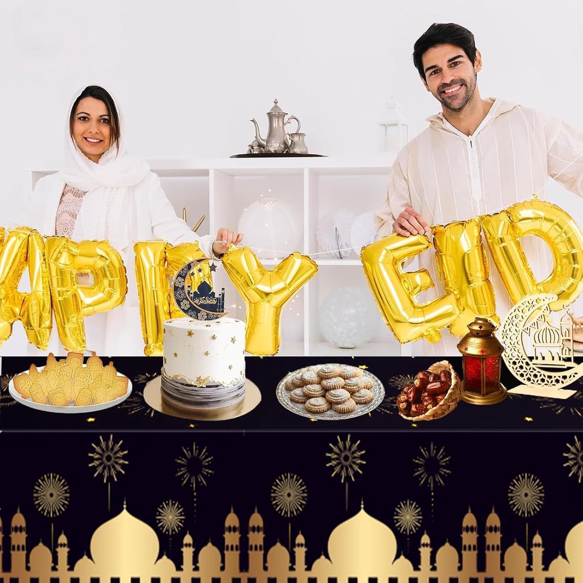 2x Groot Zwart Tafelkleed Eid Mubarak Rechthoekig 130x220 cm Islamitische Decoratie