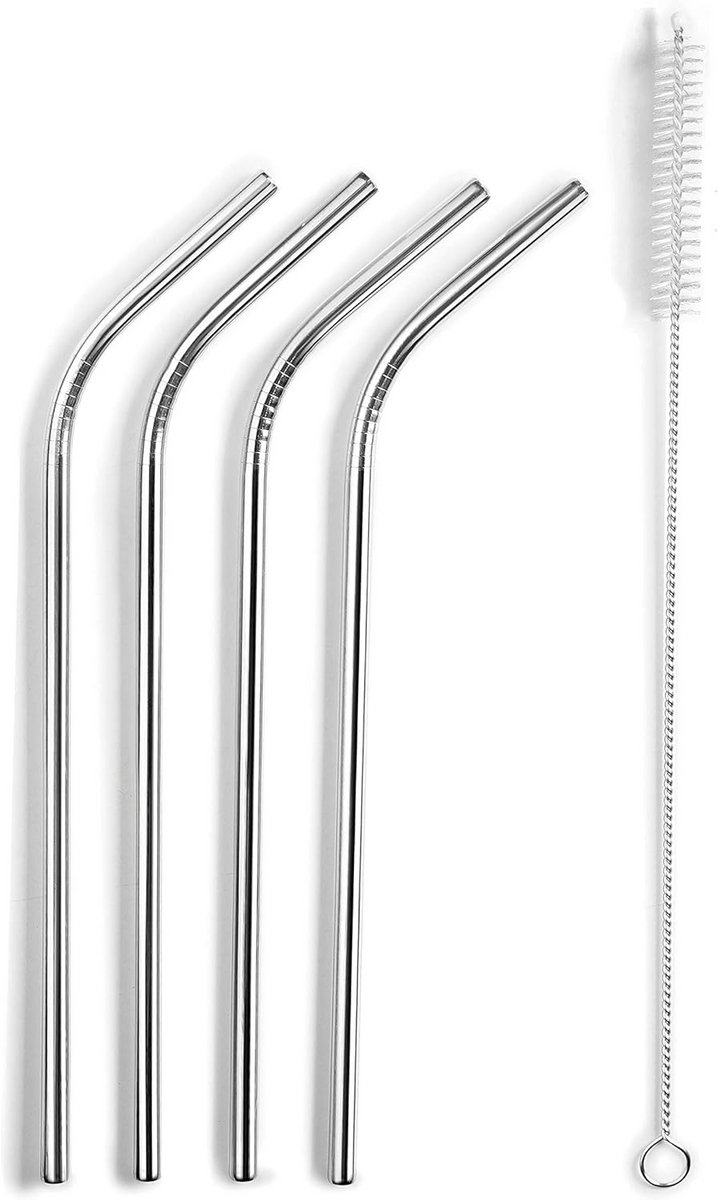 Set van 4 Herbruikbare RVS Rietjes met Reinigingsborstel - 21 cm