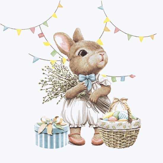 Duni Paas thema servetten Bunny Joy - 20x - konijn print - 24 x 24 cm - feestservetten - Paasontbijt tafeldecoratie servetjes