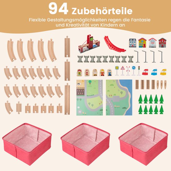 COSTWAY Houten spoorbaanset met tafel, 94-delige spoorwegset met 2 omkeerbare tafelbladen, 3 stoffen laden, 2-in-1 speeltafel met accessoires van hout, activiteitstafel voor kinderen vanaf 3 jaar van COSTWAY — afbeelding 4