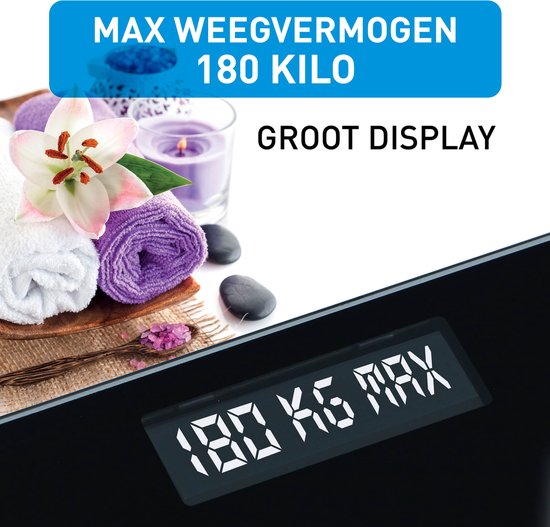 Zwarte digitale weegschaal met groot display dat 180 kg aangeeft.