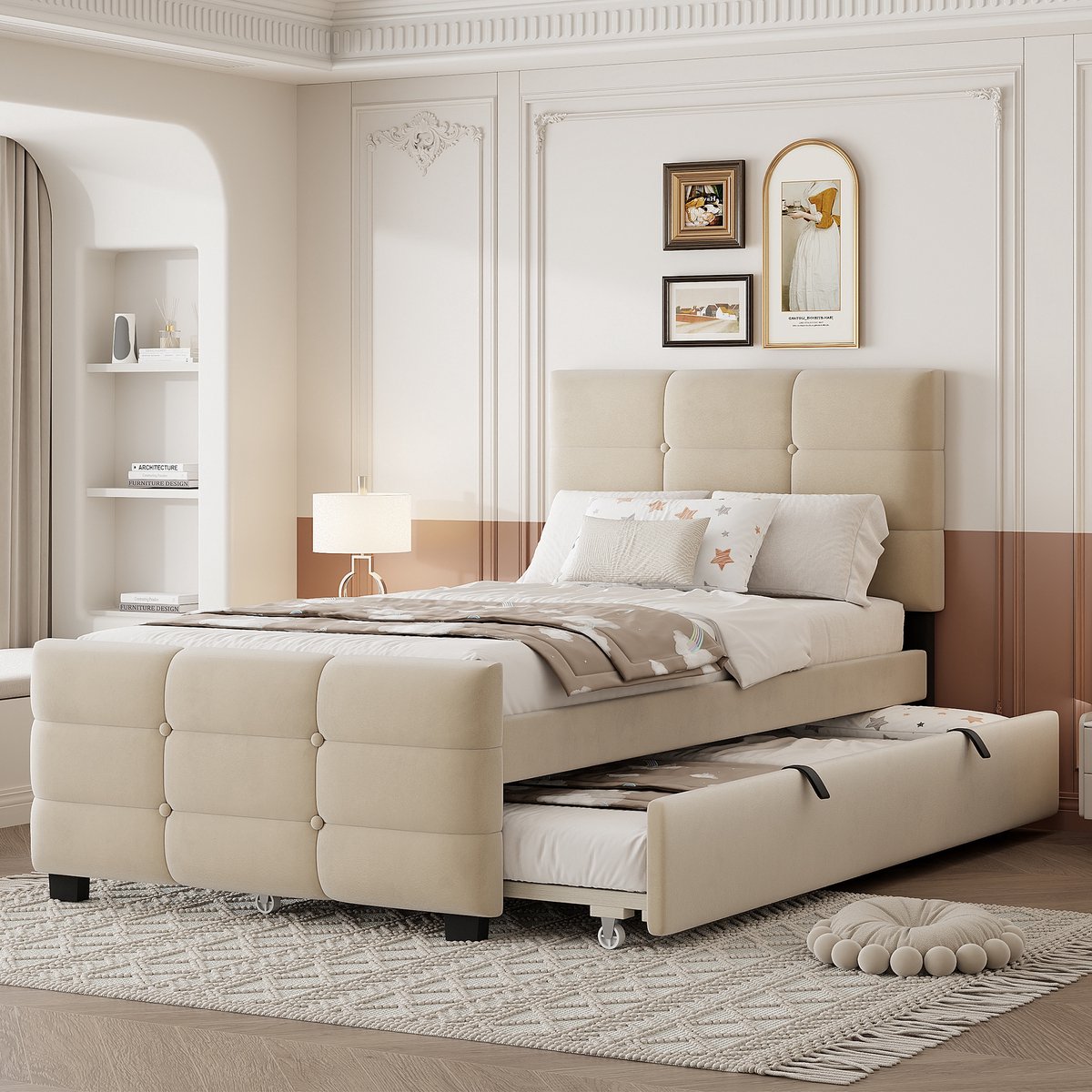 Sweiko Gestoffeerd bed - 90 x 190 cm - Met uitschuifbaar bed - Velvet - Beige