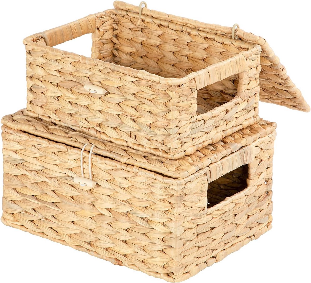 Set van 2 Gevlochten Opbergmanden met Deksel - Waterhyacint Opbergdozen XL & L