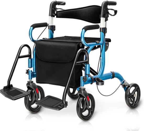 COSTWAY Rollator opvouwbaar en licht, met zitting, 2-in-1 rolstoel en reis-ollator, loophulp, 6-voudig in hoogte verstelbaar, loopwagen met tas, rem en stokhouder, aluminium, inklapbaar, voor senioren