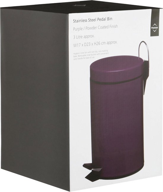 Paarse roestvrijstalen pedaalemmer met poedercoating, 3 liter.