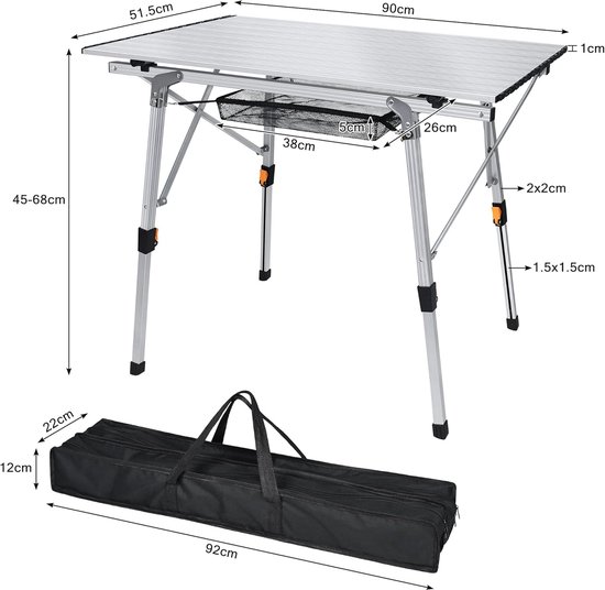 90x52cm Opvouwbare Campingtafel, 45cm-68cm in Hoogte Verstelbaar, Buffettafel Belasting tot 30kg, Aluminium Vouwtafels met Inklapbaar Tafelblad en Draagtas, Zilveren Klaptafel voor Strand/Picknick/Balkon/Tuin, NAIZY van Merkloos — afbeelding 2