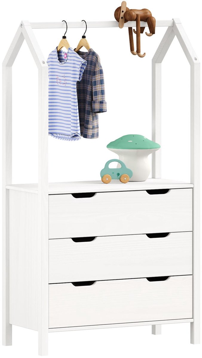 Kinderkamer commode met kledingstang in huisvorm - wit, 3 laden, geïntegreerde kledingstang, opbergruimte voor kleding, speelgoed, boeken, grenenhout - hoofdfoto