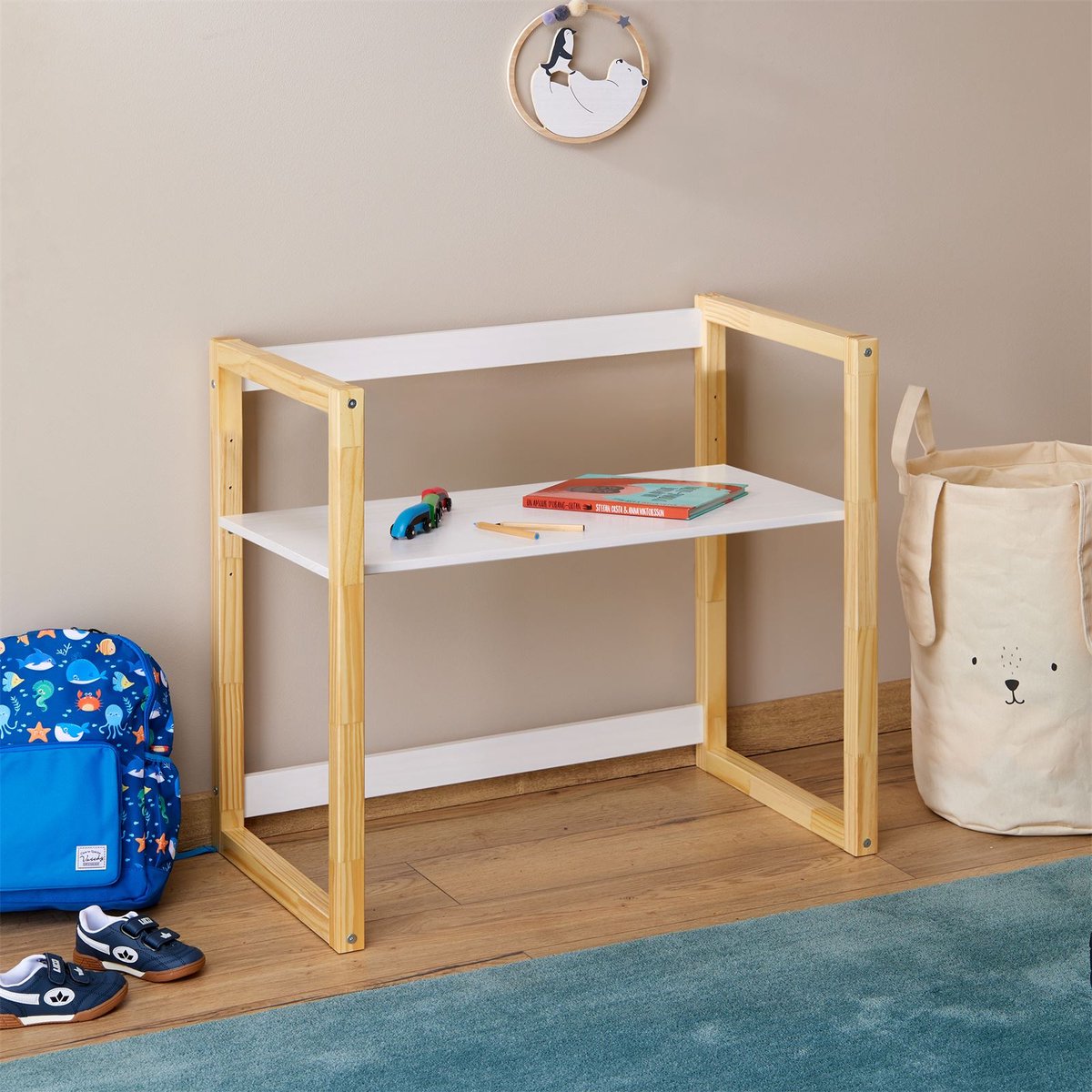 Kinderbureau SUZA in hoogte verstelbaar massief hout naturel/wit - tafelblad verstelbaar in 4 hoogtes, ideaal voor kleine ruimtes, minimalistisch ontwerp in Montessori-stijl - zijdelings
