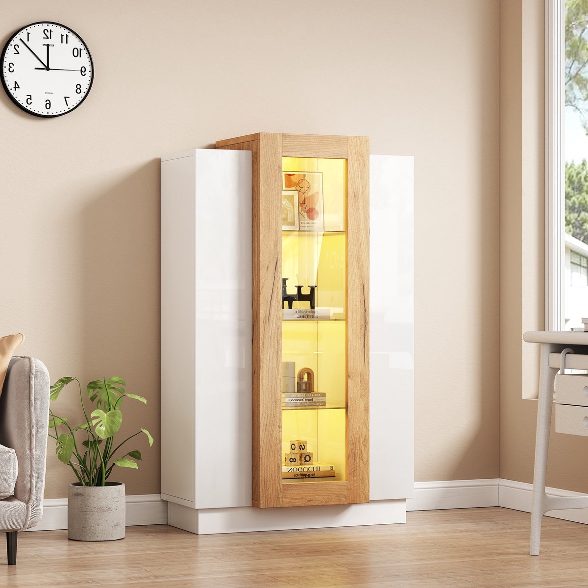 FloraGrace Vitrinekast - Met Appgestuurde Ledverlichting En 3 Transparante Deuren - Voor Woonkamer En Verzameling - Spaanplaat Wit Houtlook - 74x40x120 Cm