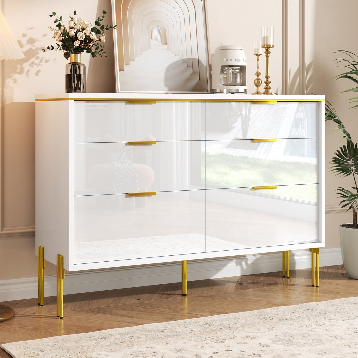 FloraGrace Dressoir - 6 Lades Met Hoogglans Front - Grote Opbergruimte Voor Woonkamer Eetkamer En Hal - Spaanplaat Wit - 120x40x85,5 Cm