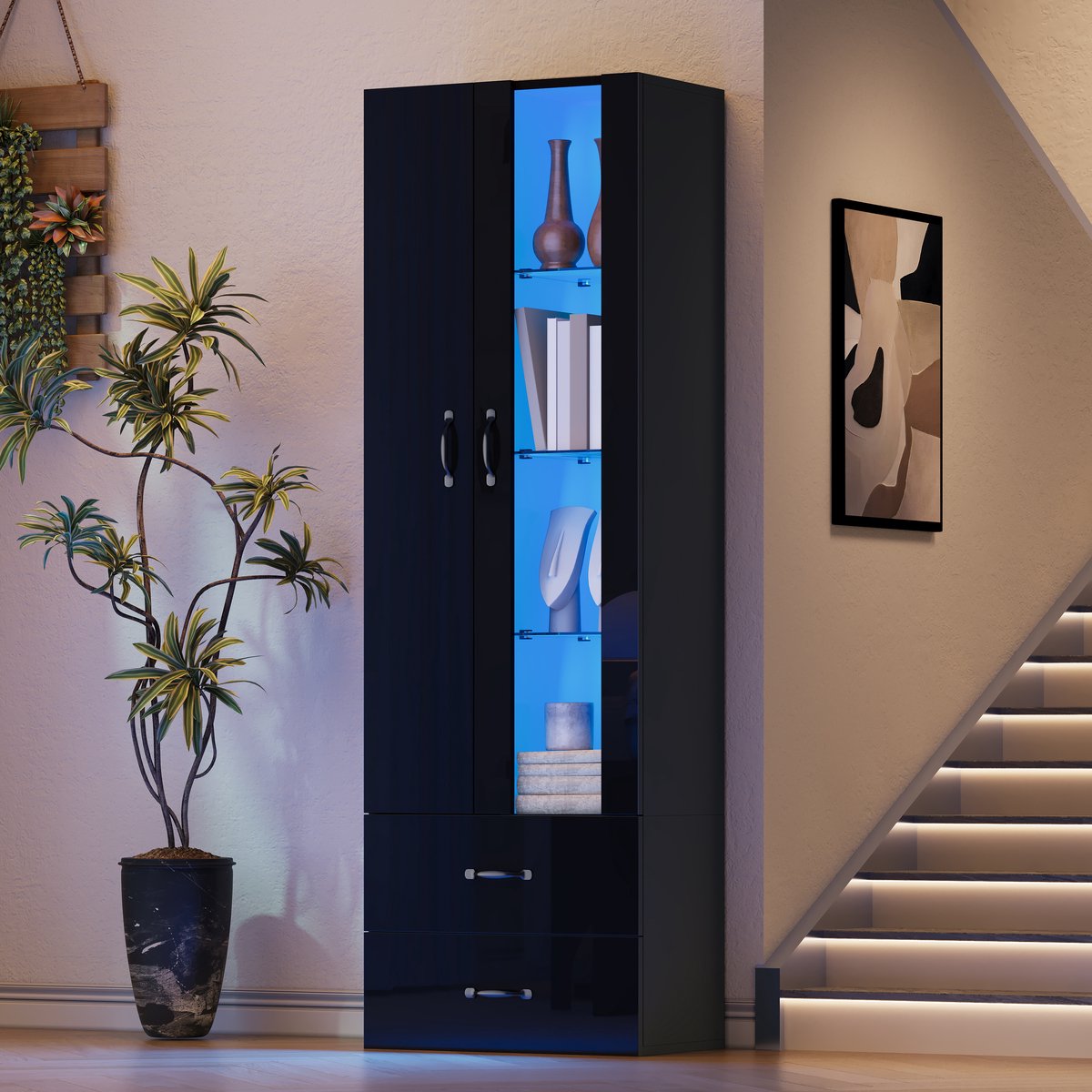 FloraGrace Vitrinekast - Met Ledverlichting En 2 Deuren - Met 2 Lades Voor Woonkamer En Kantoor - Spaanplaat Zwart - 60x35x182,5 Cm