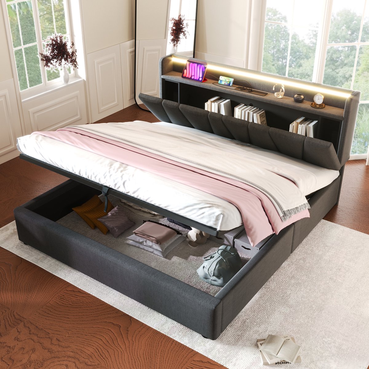 MODFU Bedframe 140x200 cm – Linnen met opberghoofdbord & LED (app) – Grijs