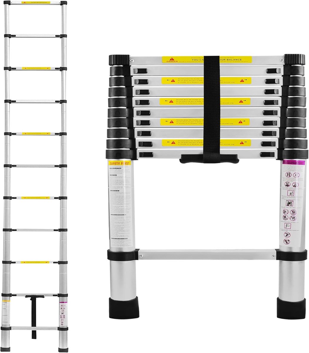 320cm Telescopische Ladder, Aluminium Uittrekbare Ladder, Multifunctionele Telescoopladder met 11-traps & Antislip Staande, Ladder Belastbaarheid 150KG, Zilver Inklapbare Ladders, NAIZY