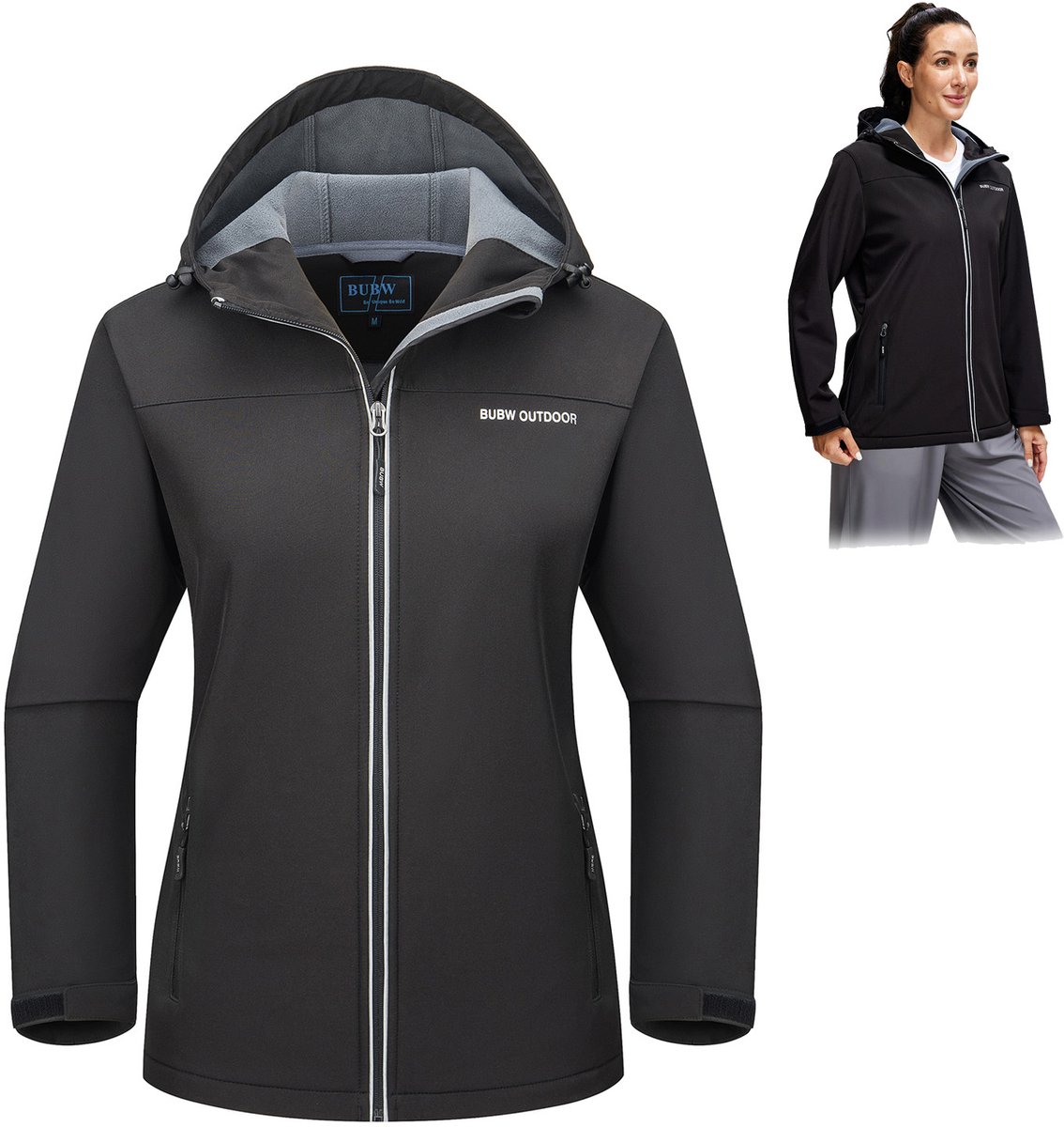 BUBW® Dames Outdoorjas Softshell Jas met Capuchon Winddicht & Warme Fleece Voering Outdoor Ski-jack Waterdicht Zwart