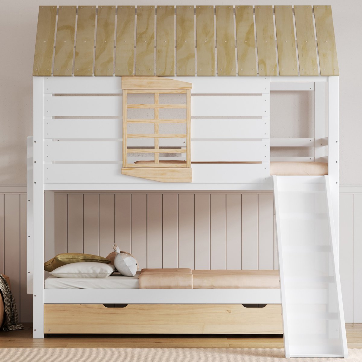 Wishdor Stapelbed 90x200 cm - Huisvorm & Glijbaan & Uitschuifbed - Grenen/MDF Wit/Naturel - Speels Stapelbed met Glijbaan Natuurlijk