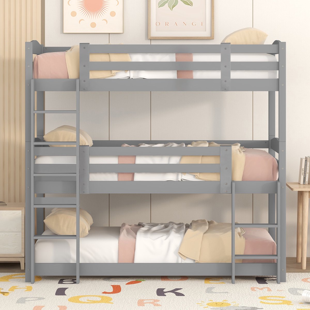 Wishdor Drievoudig Stapelbed 90x200 cm - 3 Slaapplaatsen & 2 Ladders - Grenenhout/MDF Grijs - Drievoudig Stapelbed